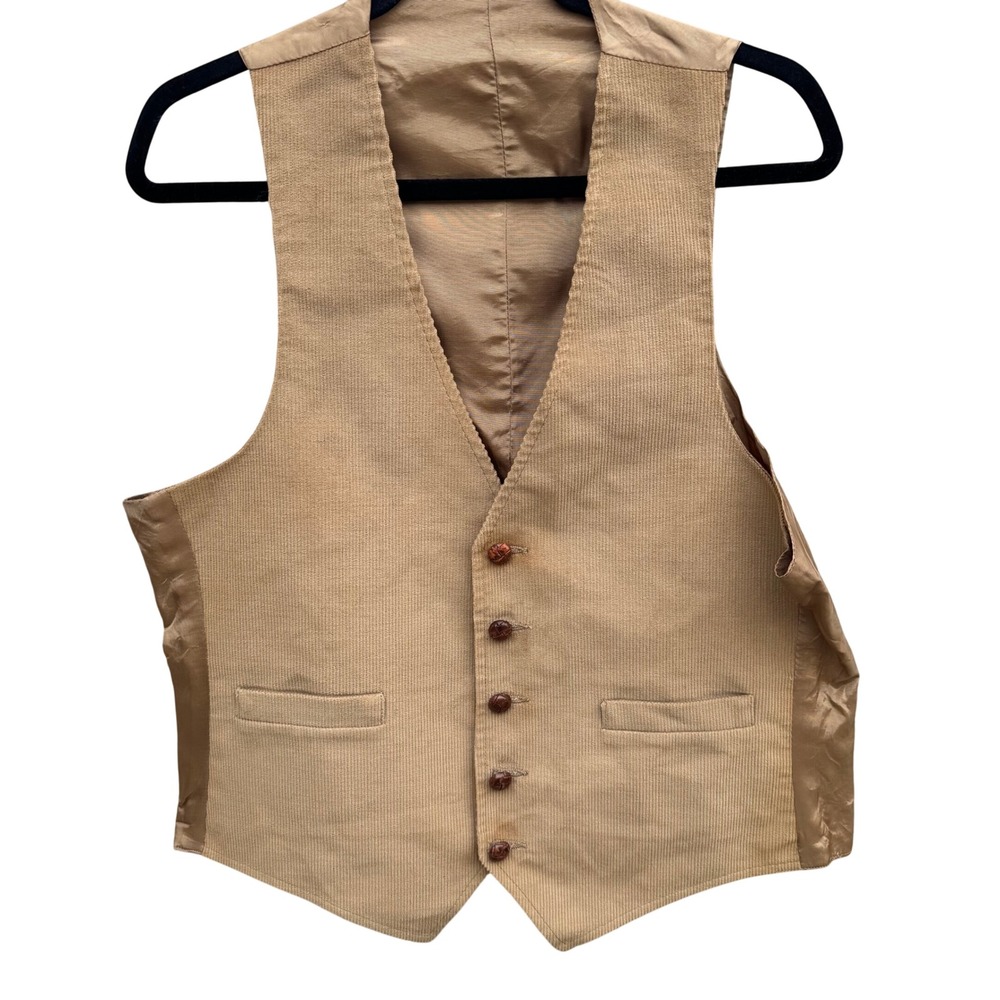 Sears Corduroy Vintage 70s Camel Waistcoat Vest Mens 40R Leather Buttons Western